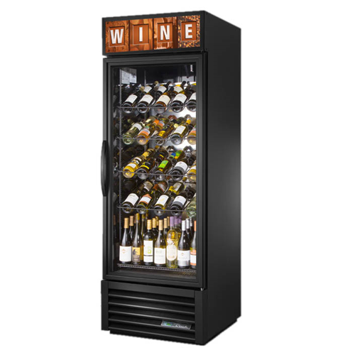 True GDM-23W-HC~TSL01 is a Wine Merchandiser, one-section, True standard look version 01, (4) wine racks & (1) shelf, powder coated steel exterior, black aluminum interior with mirrored back, stainless steel floor, (1) Low-E thermal glass hinged door with lock, LED interior lighting, R290 Hydrocarbon refrigerant, 1/3 HP, 115v/60/1, 5.4 amps, NEMA 5-15P, cULus, MADE IN USA, ENERGY STAR® 