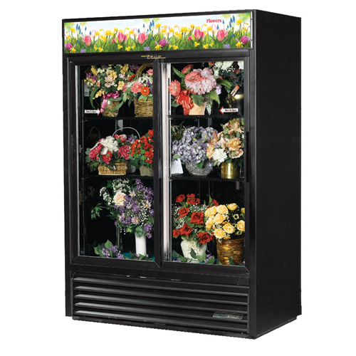 True GDM-47FC-HC-LD is a Floral Merchandiser, two-section, (4) adjustable shelves, laminated vinyl exterior, black interior with stainless steel floor, (2) Low-E thermal glass sliding doors, LED interior lighting, R290 Hydrocarbon refrigerant, 1/2 HP, 115v/60/1, 8.5 amps, NEMA 5-15P, cULus, CE, MADE IN USA 