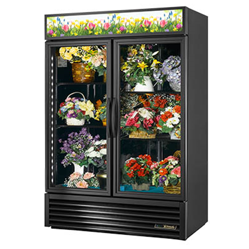 True GDM-49FC-HC~TSL01 is a Floral Merchandiser, two-section, True standard look version 01, (4) shelves, powder coated steel exterior, black interior with stainless steel floor, (2) double pane thermal insulated glass hinged doors, LED interior lighting, R290 Hydrocarbon refrigerant, 1/2 HP, 115v/60/1, 8.5 amps, NEMA 5-15P, cULus, MADE IN USA, ENERGY STAR® 