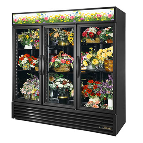 True GDM-72FC-HC~TSL01 is a Floral Merchandiser, three-section, True standard look version 01, (6) shelves, powder coated steel exterior, black interior with stainless steel floor, (3) double pane thermal insulated glass hinged doors, LED interior lighting, R290 Hydrocarbon refrigerant, 1/2 HP, 115v/60/1, 9.3 amps, NEMA 5-15P, cULus, MADE IN USA, ENERGY STAR® 