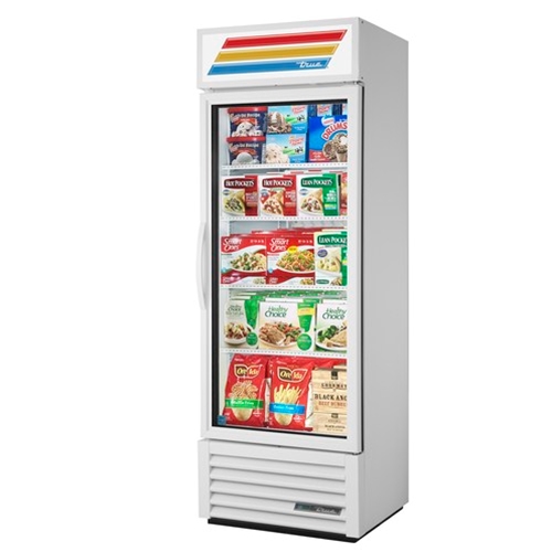 True GDM-19T-F-HC~TSL01 is a Freezer Merchandiser, one-section, True standard look version 01, (4) shelves, powder coated exterior, white interior with stainless steel floor, (1) Low-E thermal glass hinged door, LED interior lights, bottom mounted self-contained refrigeration, R290 Hydrocarbon refrigerant, 1 HP, 115v/60/1, 9.3 amps, NEMA 5-15P, cULus, UL EPH Classified, MADE IN USA 