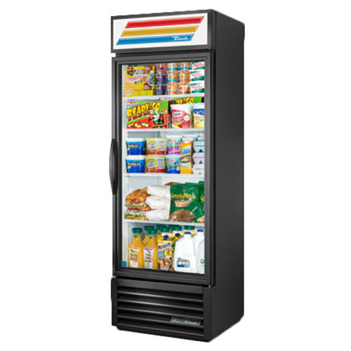 True GDM-19T-HC~TSL01 is a Refrigerated Merchandiser, one-section, True standard look version 01, (4) shelves, powder coated steel exterior, white interior with stainless steel floor, (1) Low-E thermal glass hinged door, LED interior lights, bottom mounted self-contained refrigeration, R290 Hydrocarbon refrigerant, 1/3 HP, 115v/60/1, 5.4 amps, NEMA 5-15P, cULus, UL EPH Classified, CE, MADE IN USA, ENERGY STAR®