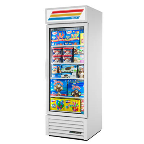 True GDM-23F-HC~TSL01 is a Freezer Merchandiser, one-section, True standard look version 01, -10° F, (4) shelves, powder coated steel exterior, white interior with stainless steel floor, (1) triple-pane thermal glass hinged door, LED interior lights, R290 Hydrocarbon refrigerant, 1 HP, 115v/60/1-ph, 9.5 amps, NEMA 5-15P, cULus, UL EPH Classified, MADE IN USA 