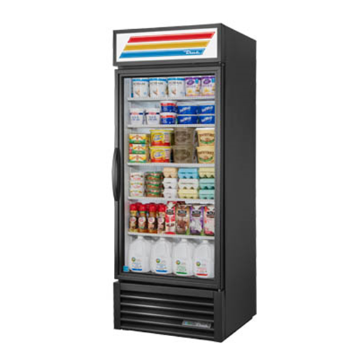 True GDM-26-HC~TSL01 is a Refrigerated Merchandiser, one-section, True standard look version 01, (5) shelves, powder coated steel exterior, white interior with stainless steel floor, (1) Low-E thermal glass hinged door, LED interior lights, R290 Hydrocarbon refrigerant, 1/3 HP, 115v/60/1, 5.4 amps, NEMA 5-15P, cULus, UL EPH Classified, MADE IN USA, ENERGY STAR® 