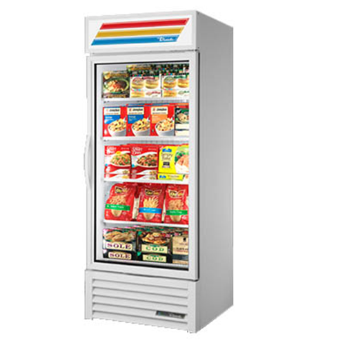 True GDM-26F-HC~TSL01 is a Freezer Merchandiser, one-section, True standard look version 01, -10° F, (4) shelves, powder coated steel exterior, white interior with stainless steel floor, (1) triple-pane thermal glass hinged door, LED interior lights, R290 Hydrocarbon refrigerant, 1 HP, 115v/60/1-ph, 9.5 amps, NEMA 5-15P, cULus, UL EPH Classified, MADE IN USA, ENERGY STAR® 