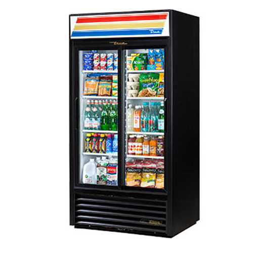True GDM-33-HC-LD is a Refrigerated Merchandiser, two-section, (8) shelves, laminated vinyl exterior, white interior with stainless steel floor, (2) Low-E thermal glass sliding doors, LED interior lights, R290 Hydrocarbon refrigerant, 1/2 HP, 115v/60/1, 6.5 amps, NEMA 5-15P, cULus, UL EPH Classified, CE, MADE IN USA 