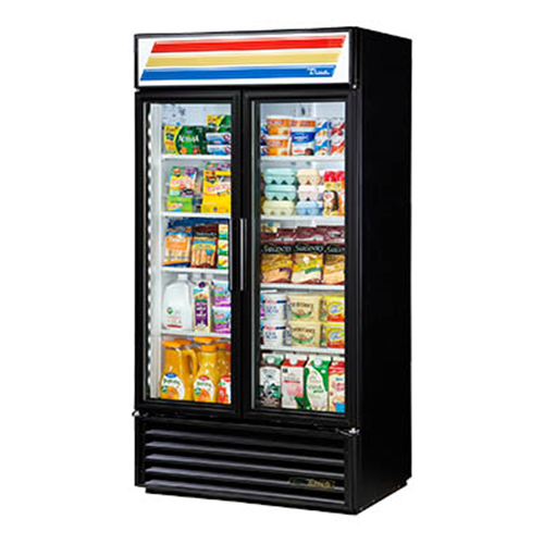 True GDM-35F~TSL01 is a Freezer Merchandiser, two-section, True standard look version 01, -10° F, (8) shelves, powder coated exterior, white interior with stainless steel floor, (2) triple-pane thermal glass hinged door, LED interior lights, 1-1/4 HP, 115V/60/1, 11.5 amps, NEMA 5-15P, cULus, UL EPH Classified, MADE IN USA 