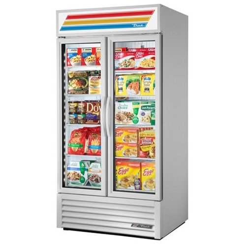 True GDM-35F-HC~TSL01 is a Freezer Merchandiser, two-section, True standard look version 01, -10° F, (8) shelves, powder coated exterior, white interior with stainless steel floor, (2) triple-pane thermal glass hinged door, LED interior lights, 1-1/4 HP, 115V/60/1, 11.5 amps, NEMA 5-15P, cULus, UL EPH Classified, MADE IN USA 
