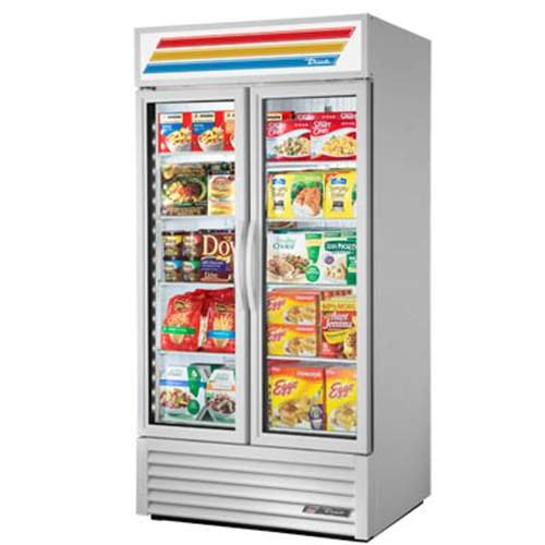 True GDM-35F~TSL01 is a Freezer Merchandiser, two-section, True standard look version 01, -10° F, (8) shelves, powder coated exterior, white interior with stainless steel floor, (2) triple-pane thermal glass hinged door, LED interior lights, 1-1/4 HP, 115V/60/1, 11.5 amps, NEMA 5-15P, cULus, UL EPH Classified, MADE IN USA 