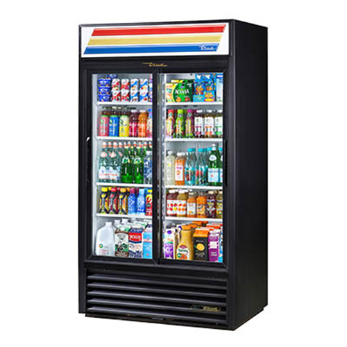 True GDM-37-HC-LD is a Refrigerated Merchandiser, two-section, (8) shelves, laminated vinyl exterior, white interior with stainless steel floor, (2) Low-E thermal glass sliding doors, LED interior lights, R290 Hydrocarbon refrigerant, 1/2 HP, 115v/60/1, 6.5 amps, NEMA 5-15P, cULus, UL EPH Classified, MADE IN USA 