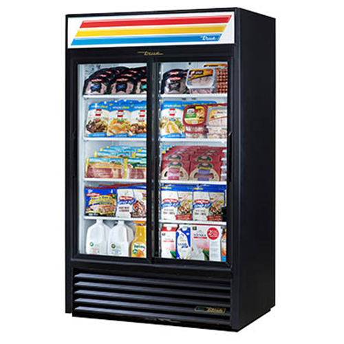 True GDM-41-HC-LD is a Refrigerated Merchandiser, two-section, (8) shelves, laminated vinyl exterior, white interior with stainless steel floor, (2) Low-E thermal glass sliding doors, LED interior lights, leg levelers, R290 Hydrocarbon refrigerant, 1/2 HP, 115v/60/1, 6.5 amps, NEMA 5-15P, cULus, UL EPH Classified, MADE IN USA 