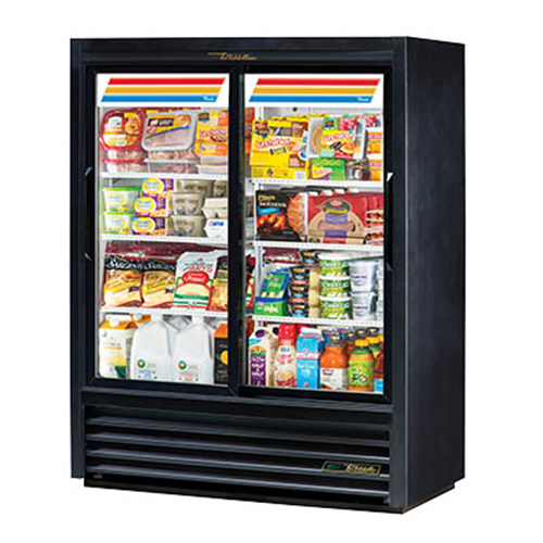 True is a GDM-41SL-60-HC-LD Convenience Store Cooler, two-section, (6) wire shelves, laminated vinyl exterior, white interior with stainless steel floor, (2) Low-E thermal glass sliding doors, LED interior lights, R290 Hydrocarbon refrigerant, 1/4 HP, 115v/60/1, 3.8 amps, NEMA 5-15P, cULus, UL EPH Classified, MADE IN USA 