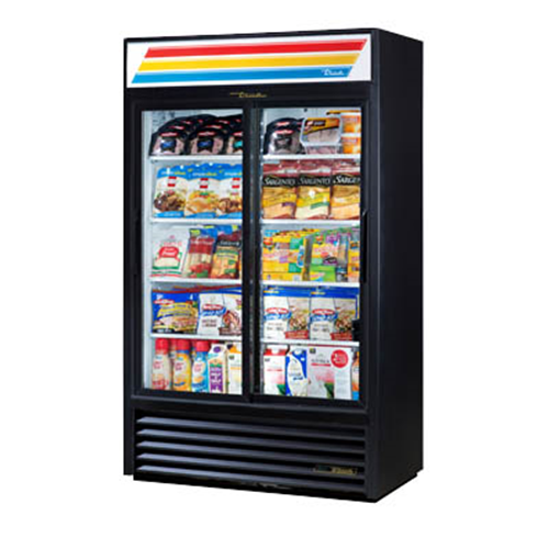 True GDM-41SL-HC-LD is a Slim Line Refrigerated Merchandiser, two-section, (8) wire shelves, laminated vinyl exterior, white interior with stainless steel floor, (2) Low-E thermal glass sliding doors, LED interior lights, R290 Hydrocarbon refrigerant, 1/2 HP, 115v/60/1, 10.8 amps, NEMA 5-15P, cULus, UL EPH Classified, MADE IN USA 
