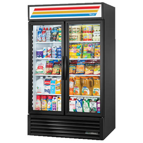 True GDM-43-HC~TSL01 is a Refrigerated Merchandiser, two-section, True standard look version 01, (8) shelves, powder coated steel exterior, white interior with stainless steel floor, (2) Low-E thermal glass hinged doors, bottom mounted self-contained refrigeration, frame rail fitted with leg levelers, R290 Hydrocarbon refrigerant, 1/2 HP, 115v/60/1, 6.5 amps, NEMA 5-15P, cULus, UL EPH Classified, MADE IN USA, ENERGY STAR® 