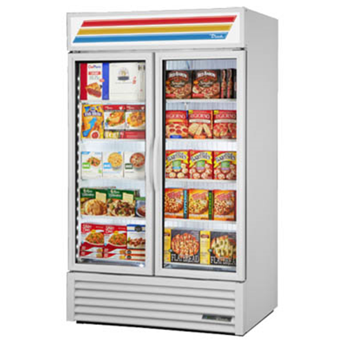 True GDM-43F-HC~TSL01 is a Freezer Merchandiser, two-section, True standard look version 01, -10° F, (8) shelves, powder coated steel exterior, white interior with stainless steel floor, (2) triple-pane thermal glass hinged doors, LED interior lights, bottom mounted self-contained refrigeration, frame rail fitted with leg levelers, R290 Hydrocarbon refrigerant, 1/2 HP, 115v/60/1, 10.6 amps, NEMA 5-20P, cULus, UL EPH Classified, MADE IN USA 