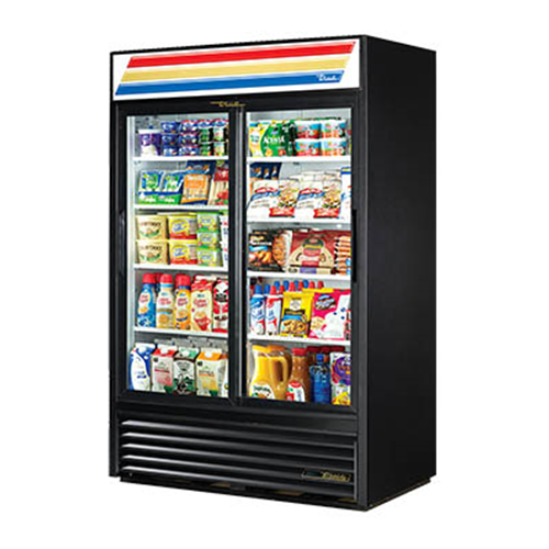 True GDM-45-HC-LD is a Refrigerated Merchandiser, two-section, (8) shelves, laminated vinyl exterior, white interior with stainless steel floor, (2) Low-E thermal glass sliding doors, LED interior lights, R290 Hydrocarbon refrigerant, 1/2 HP, 115v/60/1, 8.5 amps, NEMA 5-15P, cULus, UL EPH Classified, MADE IN USA 
