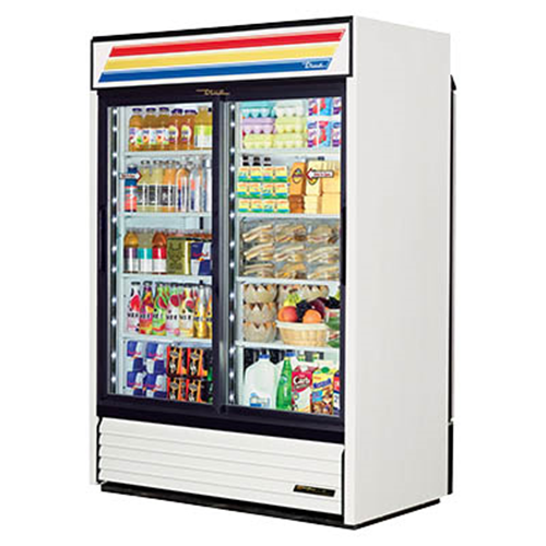 True GDM-47RL-HC-LD is a Refrigerated Merchandiser, pass thru, two-section, (8) shelves, powder coated steel steel exterior, white aluminum interior with stainless steel floor, (2) front Low-E thermal glass sliding doors, (2) rear solid doors, LED interior lights, R290 Hydrocarbon refrigerant, 1/2 HP, 115v/60/1, 8.5 amps, NEMA 5-15P, cULus, UL EPH Classified, MADE IN USA 