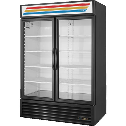 True GDM-49-HC~TSL01 is a Refrigerated Merchandiser, two-section, True standard look version 01, (8) shelves, powder coated steel exterior, white interior with stainless steel floor, (2) double pane thermal insulated glass hinged doors, LED interior lights, R290 Hydrocarbon refrigerant, 1/2 HP, 115v/60/1, 8.5 amps, NEMA 5-15P, cULus, UL EPH Classified, MADE IN USA, ENERGY STAR® 