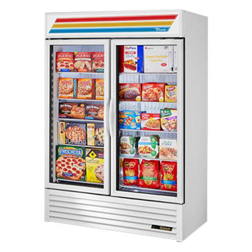 True GDM-49F-HC~TSL01  is a Freezer Merchandiser, two-section, True standard look version 01, -10° F, (8) shelves, powder coated steel exterior, white interior with stainless steel floor, (2) triple-pane thermal glass hinged door, LED interior lights, R290 Hydrocarbon refrigerant, 3/4 HP, 115/208-230v/60/1, 12.3 amps, NEMA 14-20P, UL EPH Classified, MADE IN USA, ENERGY STAR® 