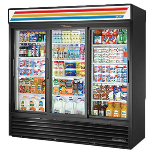 True GDM-69-HC-LD is a Refrigerated Merchandiser, three-section, (12) shelves, powder coated steel exterior, white interior with stainless steel floor, (3) Low-E thermal glass sliding doors, LED interior lights, leg levelers, R290 Hydrocarbon refrigerant, 1/2 HP, 115v/60/1, NEMA 5-15P, 9.3 amps, cULus, UL EPH Classified, MADE IN USA 
