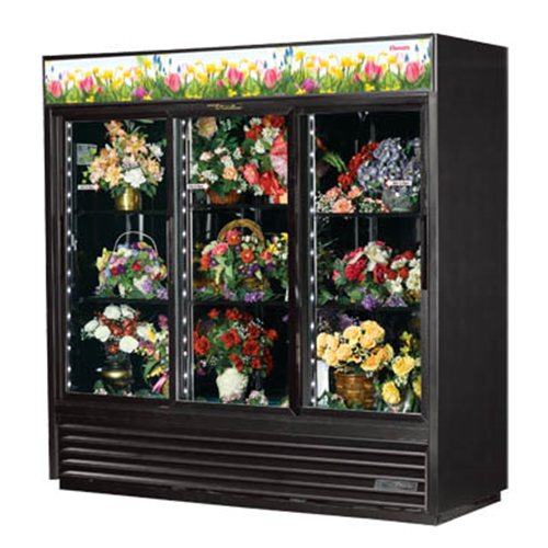 True GDM-69FC-HC-LD is a Floral Merchandiser, three-section, (6) shelves, powder coated steel exterior, black interior with stainless steel floor, (3) Low-E thermal glass sliding doors, LED interior lighting, R290 Hydrocarbon refrigerant, 1/2 HP, 115v/60/1, 9.3 amps, NEMA 5-15P, cULus, UL EPH Classified, MADE IN USA 